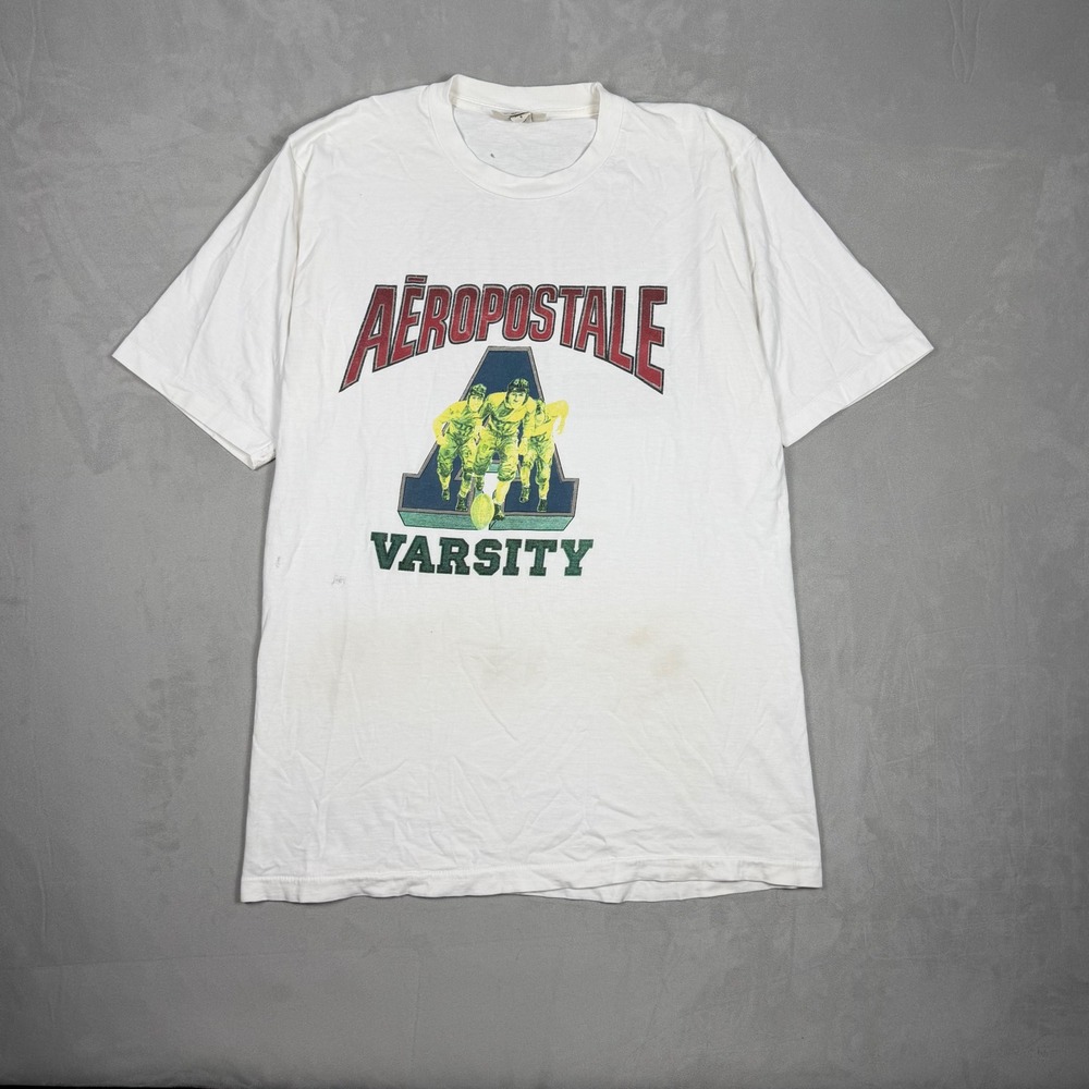 90s Mens Aeropostale Varsity Football Graphic T-Shirt White Small‎